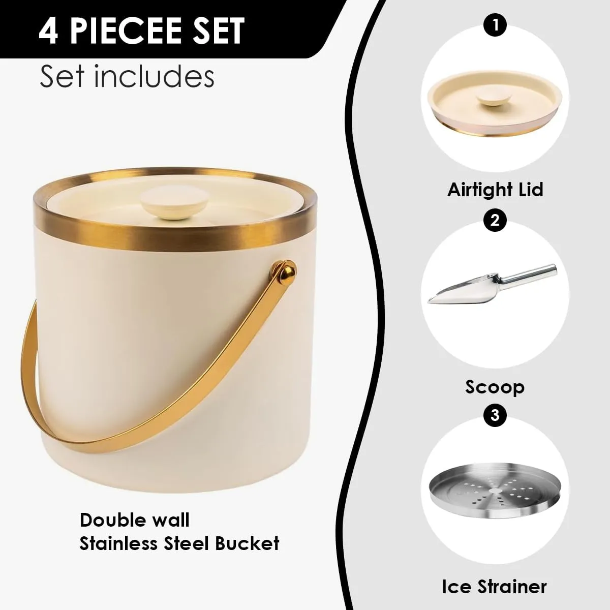 3L beige-white Double Wall Insulated Stainless Steel Ice Bucket with scoop for Cocktail Bar,Metal Ice Bucket for freezer with Lid for parties.ice Container to Keep Ice Colder,bar cart accessories