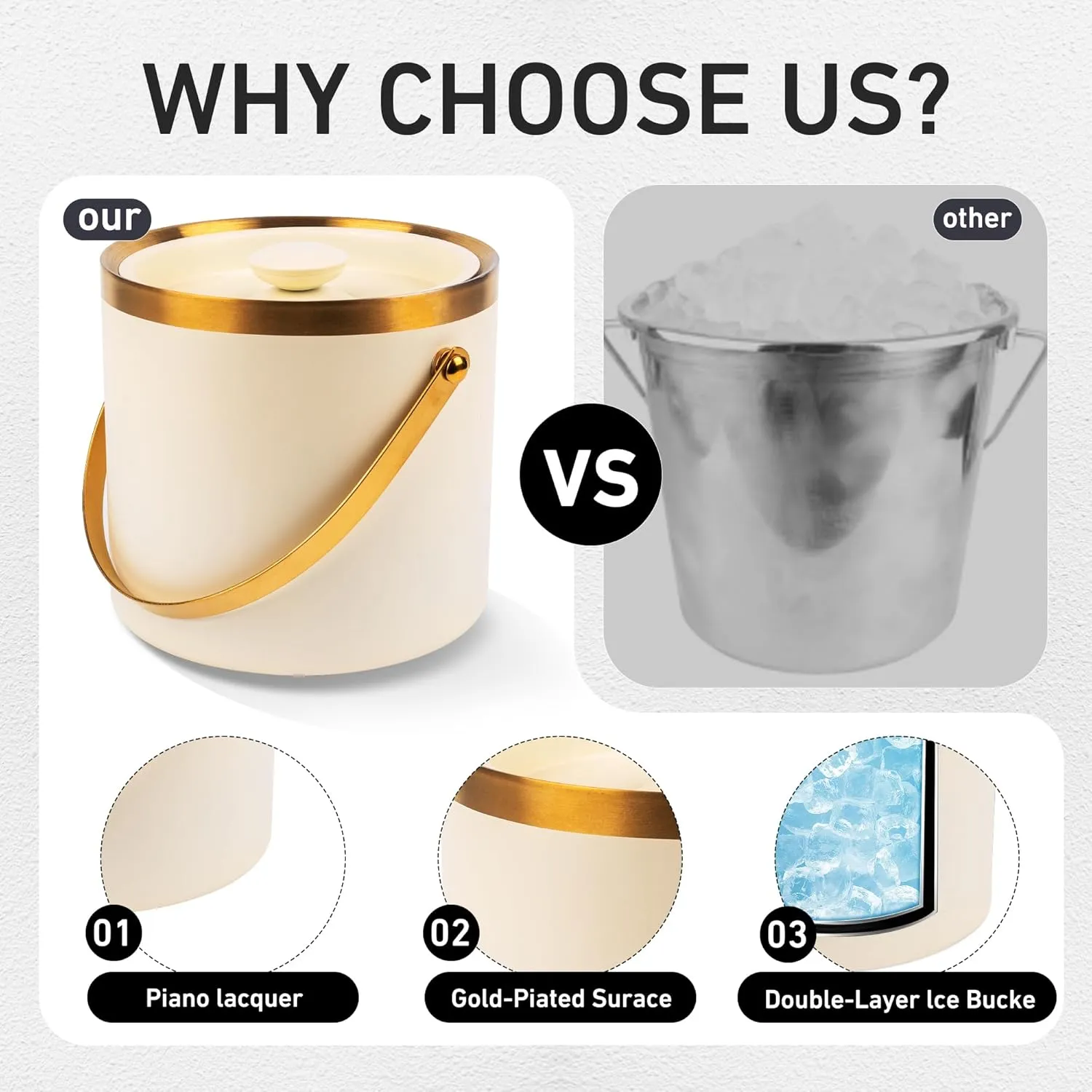 3L beige-white Double Wall Insulated Stainless Steel Ice Bucket with scoop for Cocktail Bar,Metal Ice Bucket for freezer with Lid for parties.ice Container to Keep Ice Colder,bar cart accessories