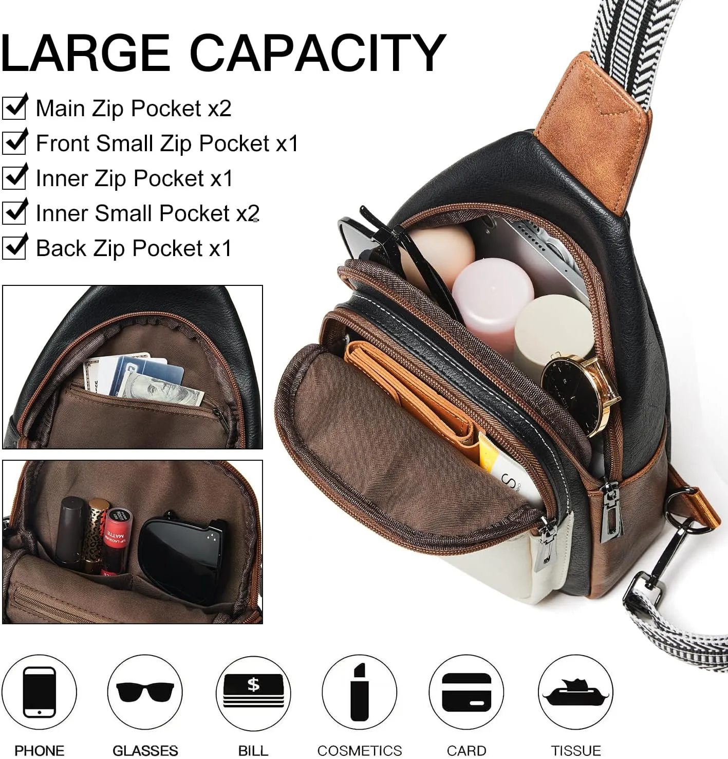 7L Sling Bag for Women Men Crossbody Belt Bag Small Travel Sling Backpack Anti Theft Chest Daypack Purse Faux Leather