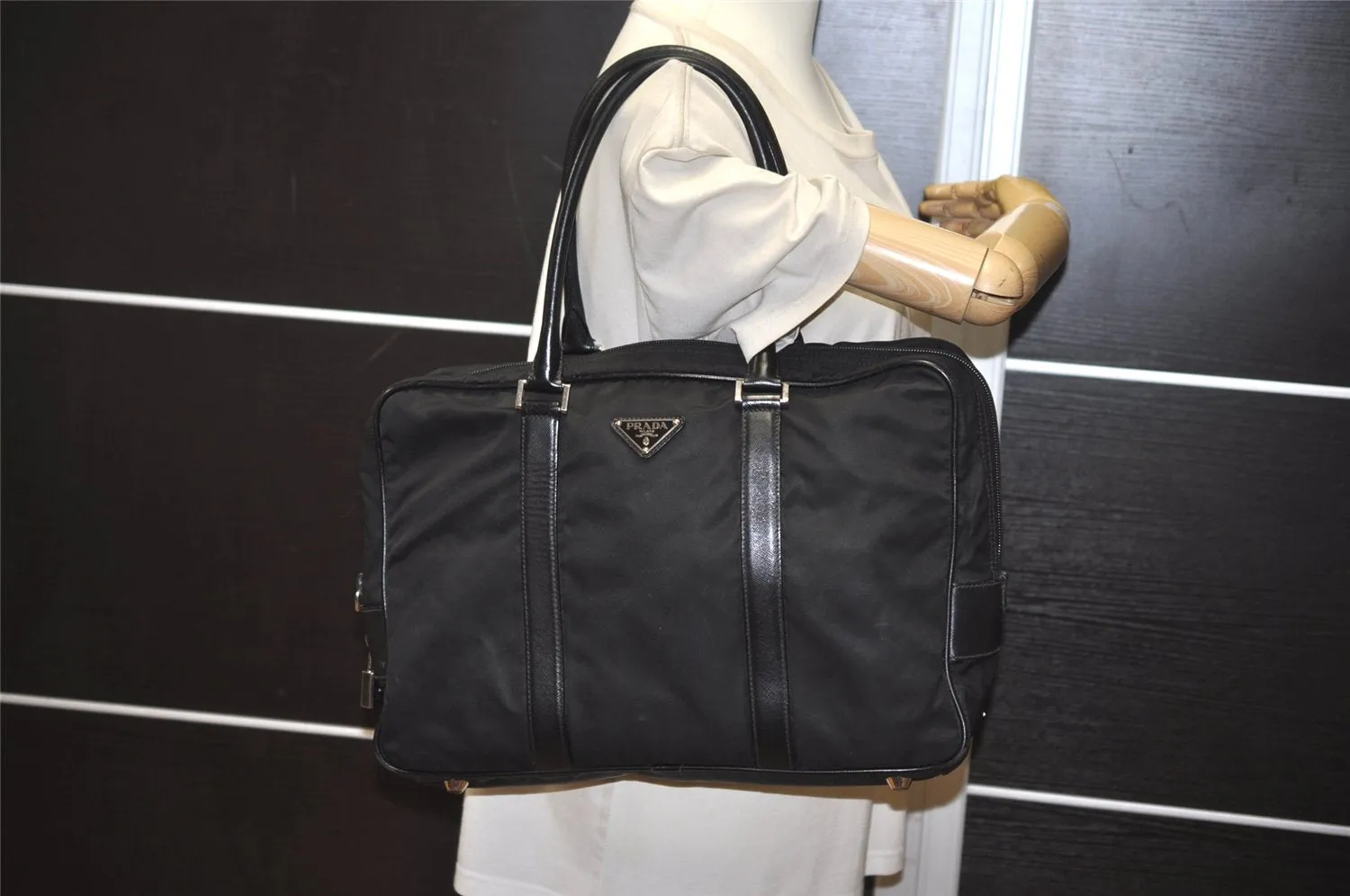 Authentic PRADA Nylon Tessuto Saffiano Leather Business BriefCase Black 0195K
