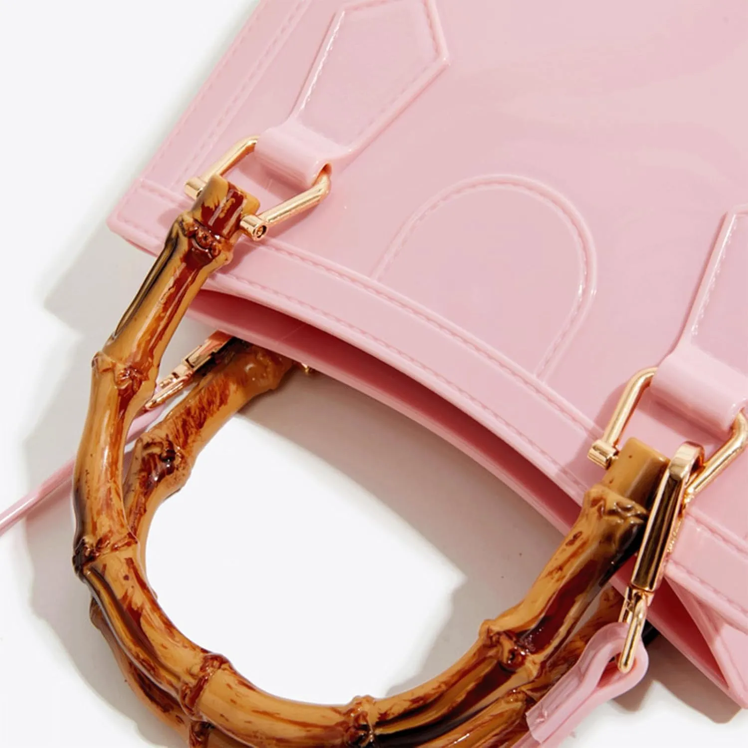 Bamboo Handle Purse for Woman PVC Handbag Cute Crossbody Purses Lightweight Elegant Top Handle Tote Satchel Bag