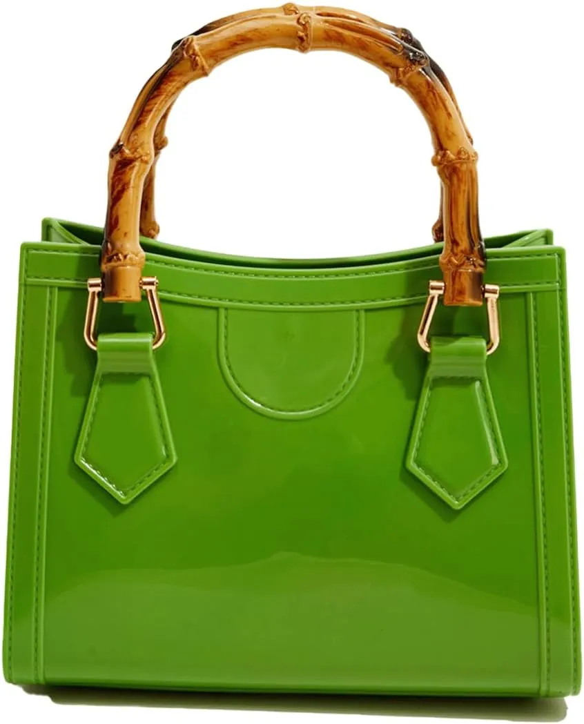 Bamboo Handle Purse for Woman PVC Handbag Cute Crossbody Purses Lightweight Elegant Top Handle Tote Satchel Bag