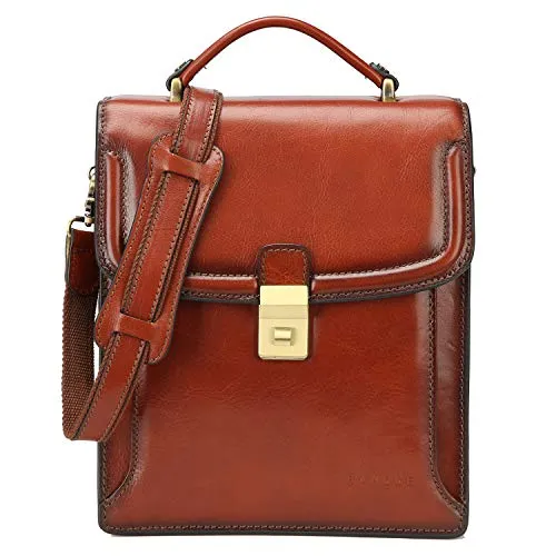 Banuce Small Vintage Full Grain Italian Leather Messenger Bag for Men Vertical Lock Business