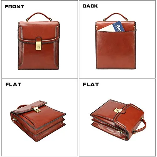 Banuce Small Vintage Full Grain Italian Leather Messenger Bag for Men Vertical Lock Business