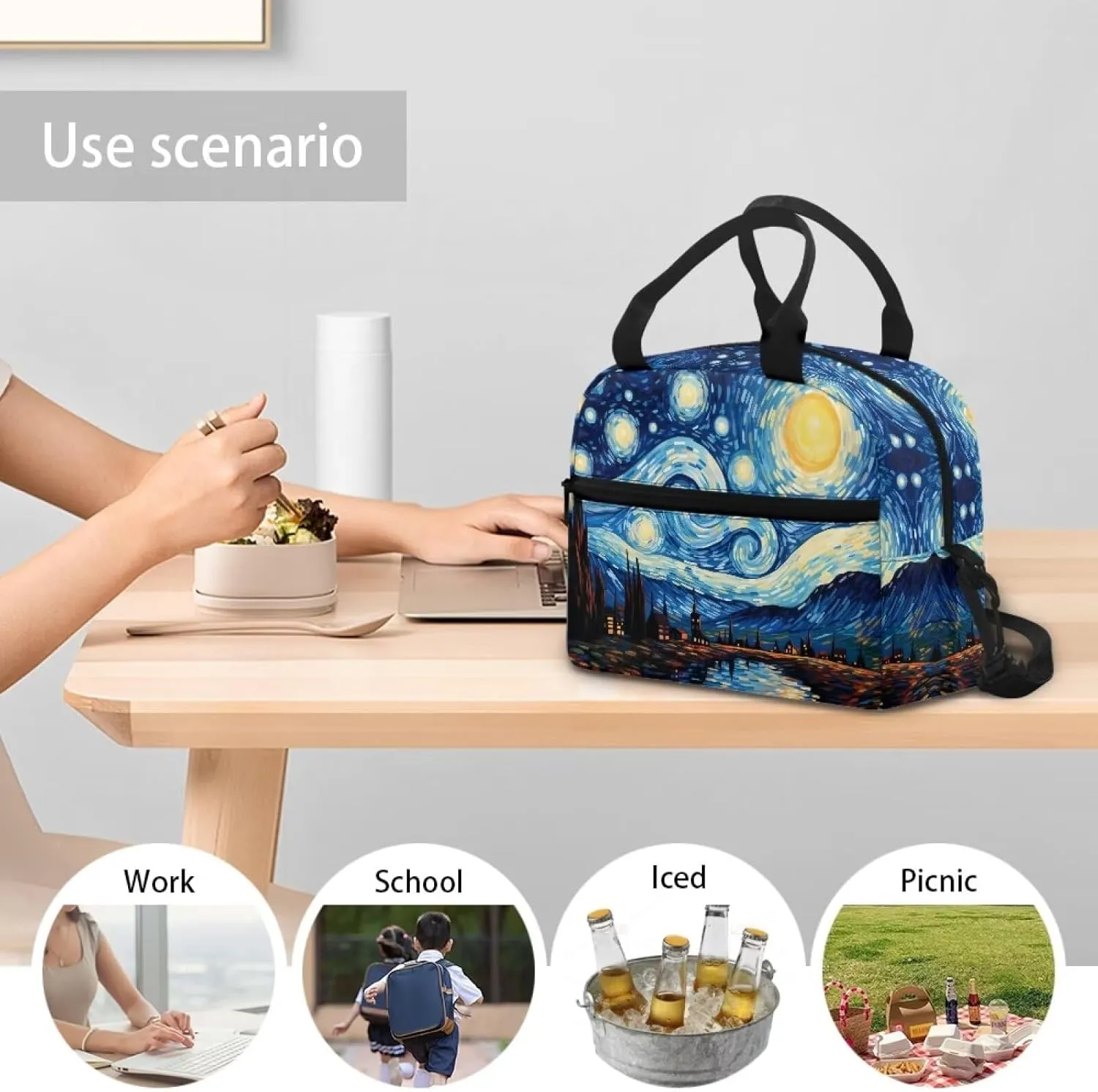 Blue Oil Painting Lunch Box for Children 5 to 12 Years old Large Capacity Fashion Lunch Ice Pack Reusable Leakproof Cooler Prep Meal Bag for Secondary Schools High School