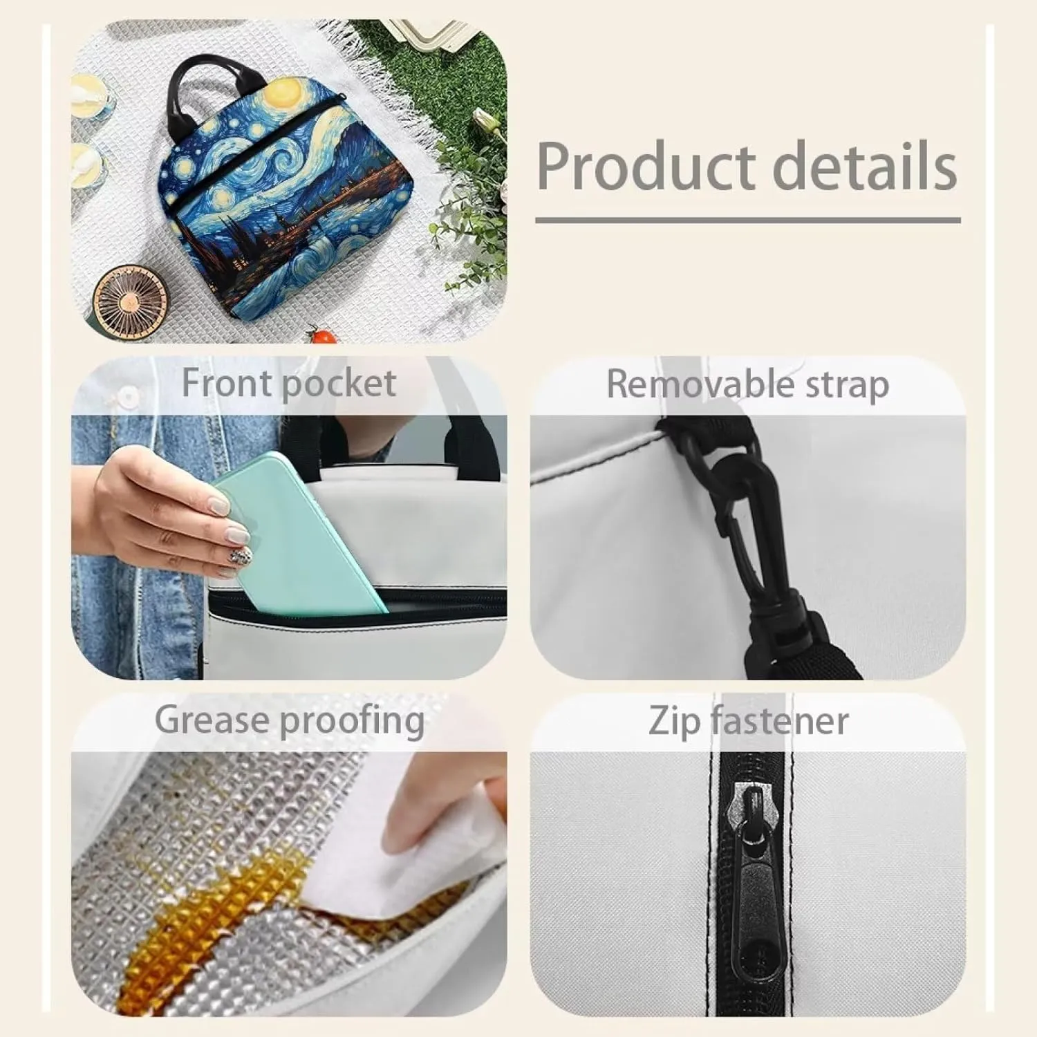 Blue Oil Painting Lunch Box for Children 5 to 12 Years old Large Capacity Fashion Lunch Ice Pack Reusable Leakproof Cooler Prep Meal Bag for Secondary Schools High School