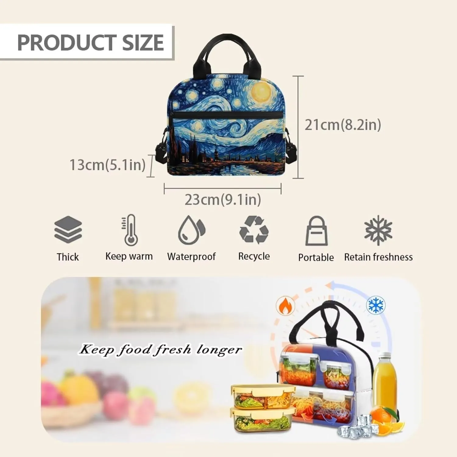 Blue Oil Painting Lunch Box for Children 5 to 12 Years old Large Capacity Fashion Lunch Ice Pack Reusable Leakproof Cooler Prep Meal Bag for Secondary Schools High School