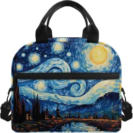 Blue Oil Painting Lunch Box for Children 5 to 12 Years old Large Capacity Fashion Lunch Ice Pack Reusable Leakproof Cooler Prep Meal Bag for Secondary Schools High School