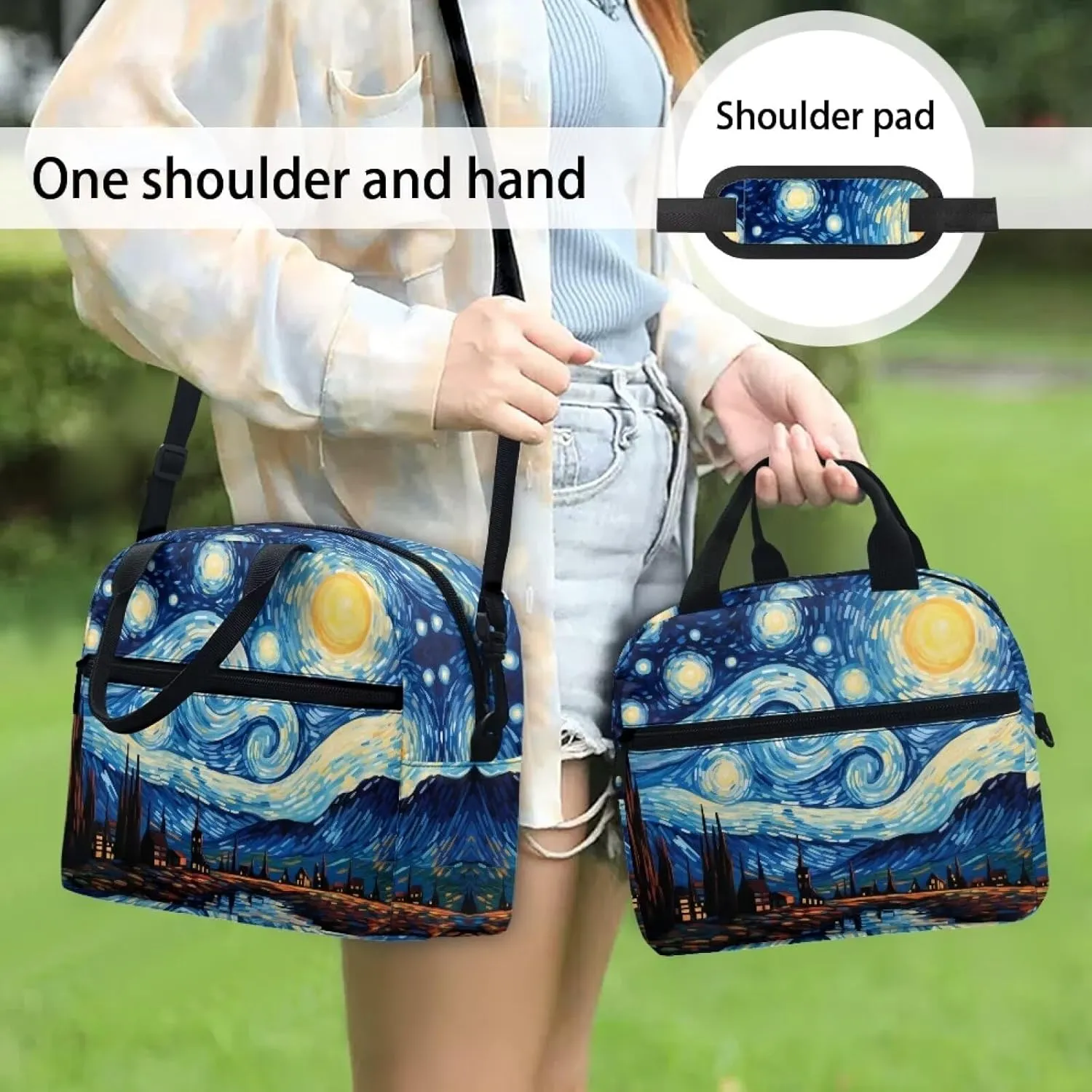 Blue Oil Painting Lunch Box for Children 5 to 12 Years old Large Capacity Fashion Lunch Ice Pack Reusable Leakproof Cooler Prep Meal Bag for Secondary Schools High School