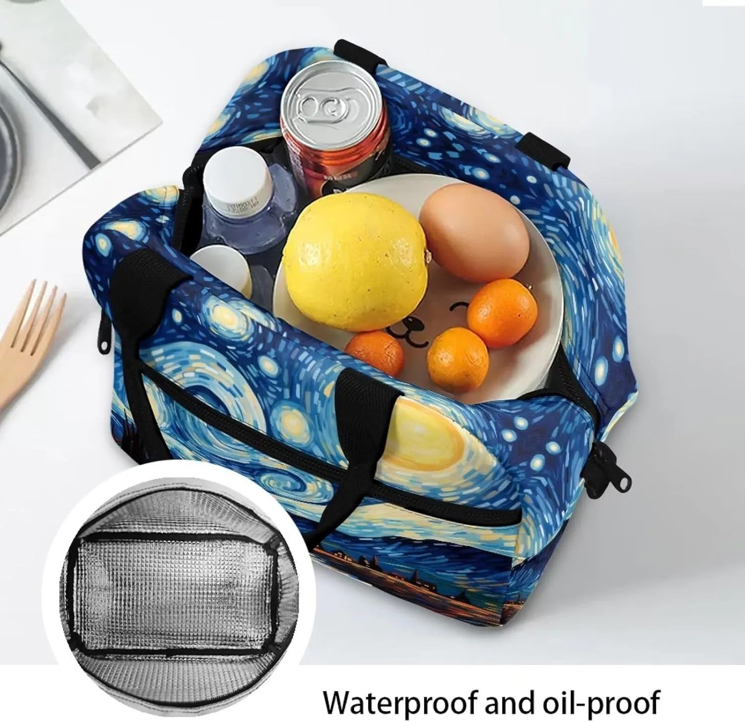 Blue Oil Painting Lunch Box for Children 5 to 12 Years old Large Capacity Fashion Lunch Ice Pack Reusable Leakproof Cooler Prep Meal Bag for Secondary Schools High School