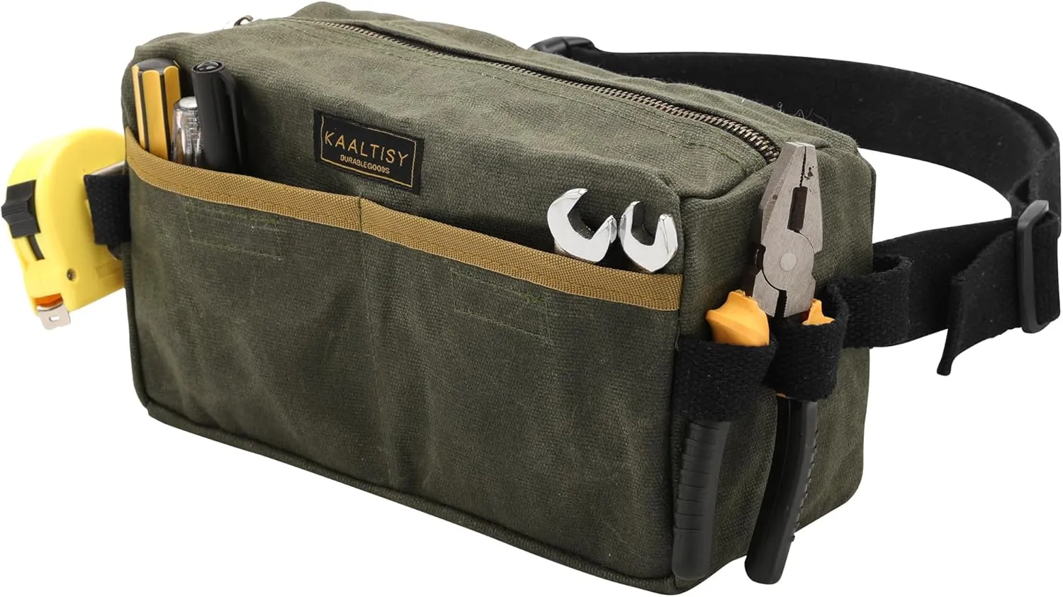 Canvas Waist Pouch, 3 Pockets Work Belt Pouch, Heavy Duty 16oz Waxed Canvas Tool Pouch with Adjustable Belt   Hanging Rings, Sturdy Work Waist Bag for Electrician Gardener Repairman - Army Green