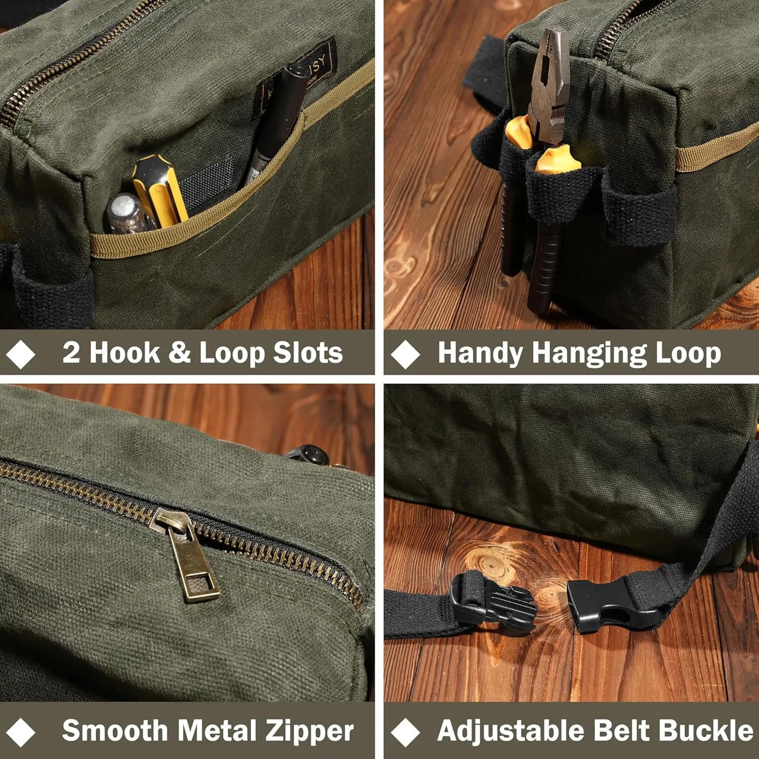 Canvas Waist Pouch, 3 Pockets Work Belt Pouch, Heavy Duty 16oz Waxed Canvas Tool Pouch with Adjustable Belt   Hanging Rings, Sturdy Work Waist Bag for Electrician Gardener Repairman - Army Green