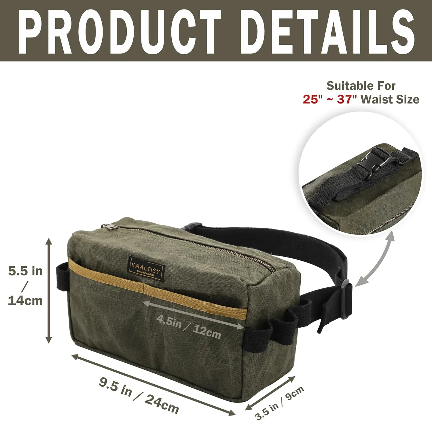Canvas Waist Pouch, 3 Pockets Work Belt Pouch, Heavy Duty 16oz Waxed Canvas Tool Pouch with Adjustable Belt   Hanging Rings, Sturdy Work Waist Bag for Electrician Gardener Repairman - Army Green