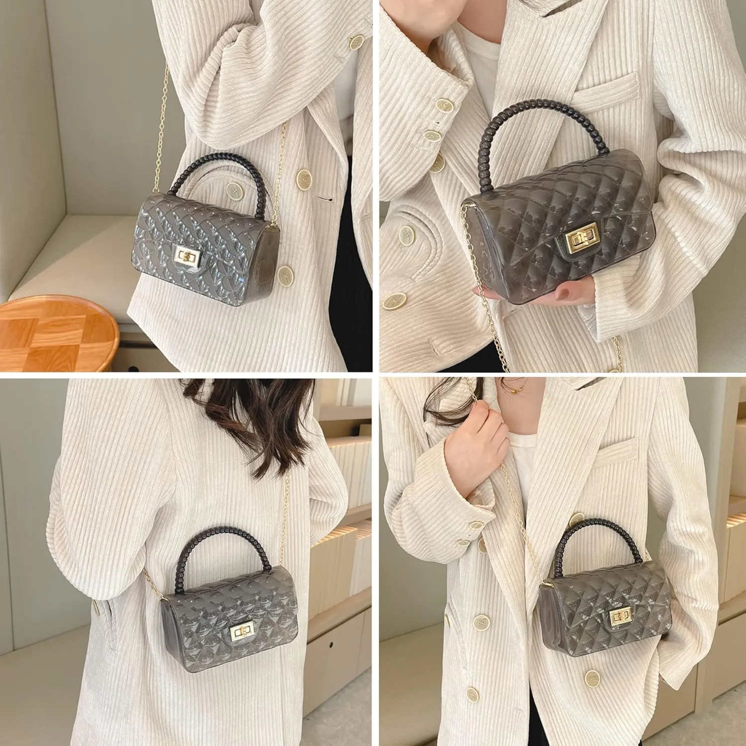 Fashion Candy Color Jelly Crossbody Bag for Women Girls Transparent Satchel Shoulder Handbag with Beaded Top Handle