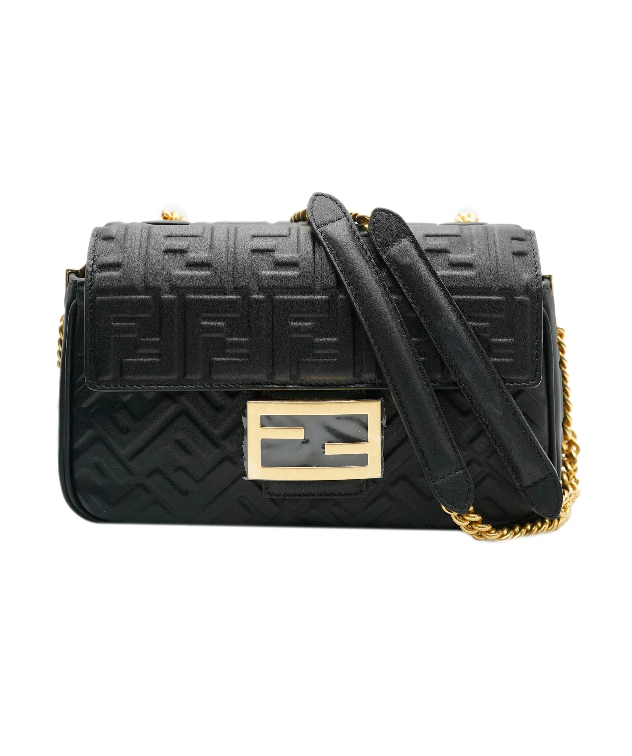 Fendi Black Nappa Embosed FF Embossed Leather Midi Baguette Chain Crossbody ABC0465