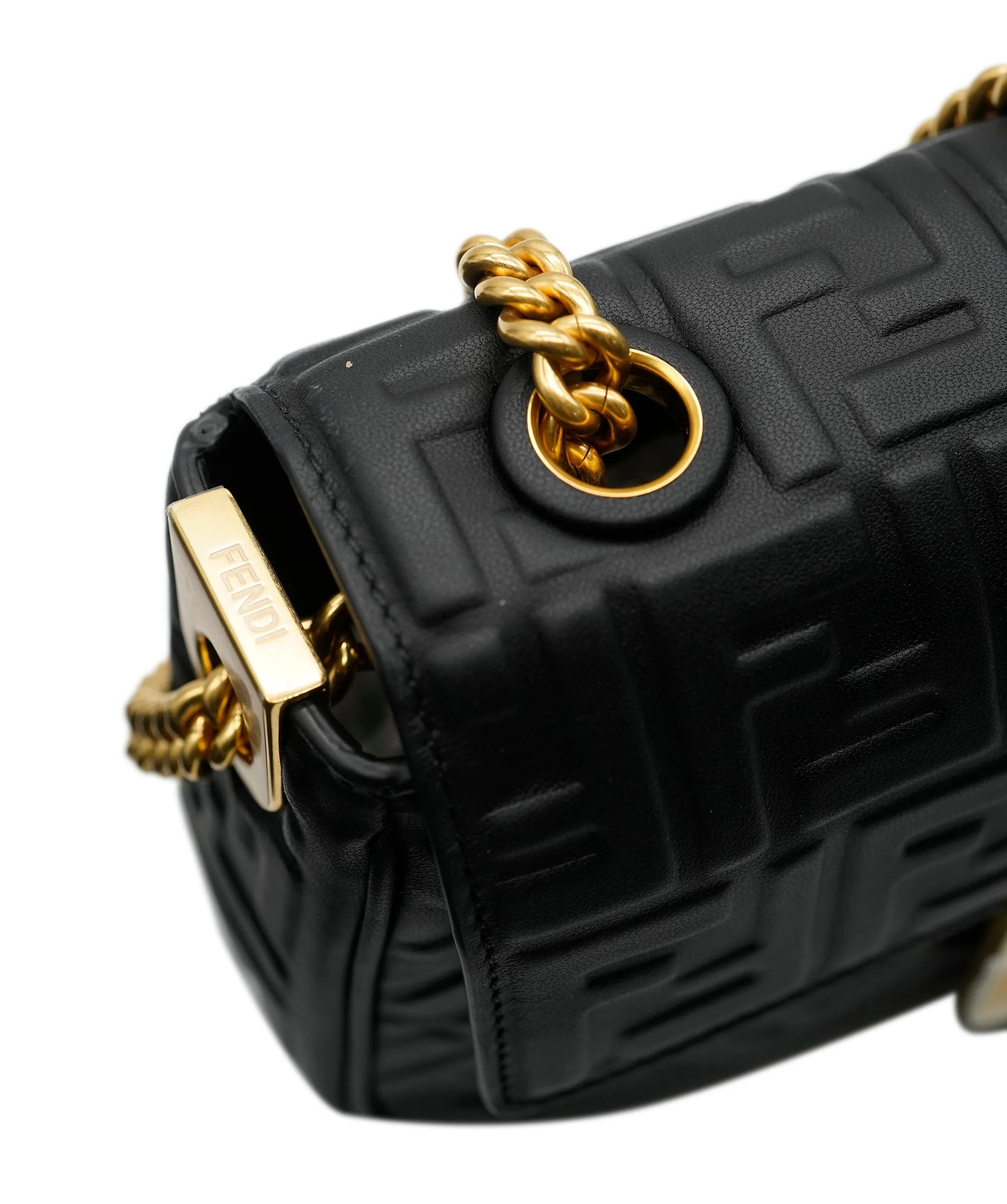 Fendi Black Nappa Embosed FF Embossed Leather Midi Baguette Chain Crossbody ABC0465
