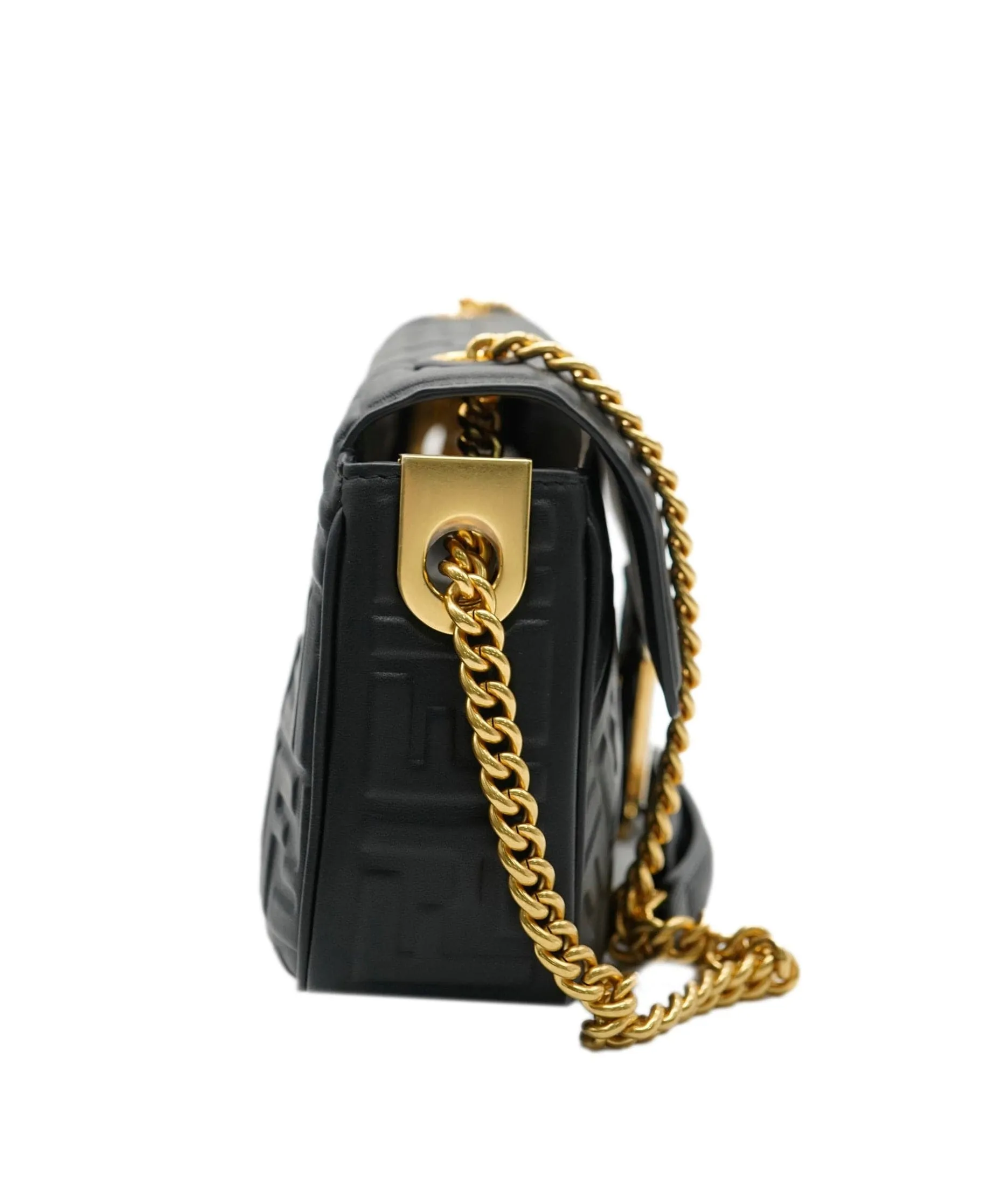 Fendi Black Nappa Embosed FF Embossed Leather Midi Baguette Chain Crossbody ABC0465