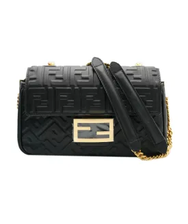 Fendi Black Nappa Embosed FF Embossed Leather Midi Baguette Chain Crossbody ABC0465