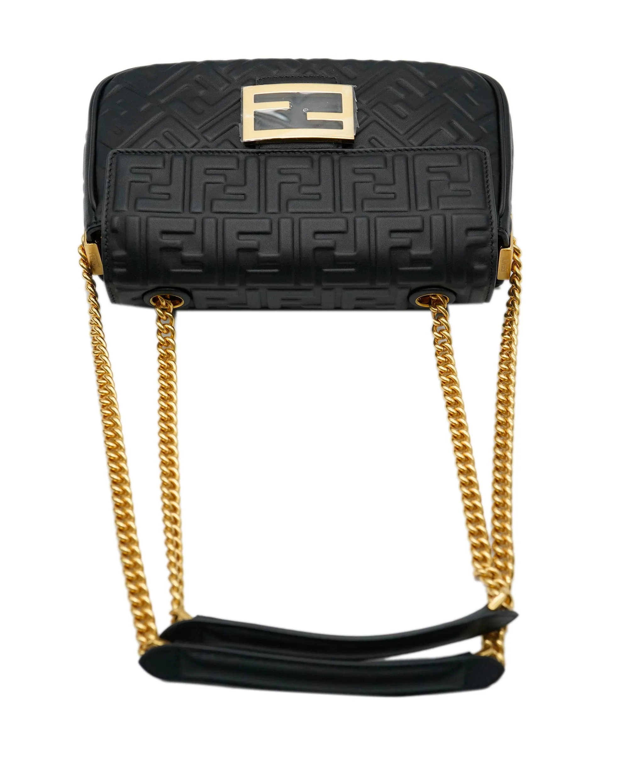 Fendi Black Nappa Embosed FF Embossed Leather Midi Baguette Chain Crossbody ABC0465