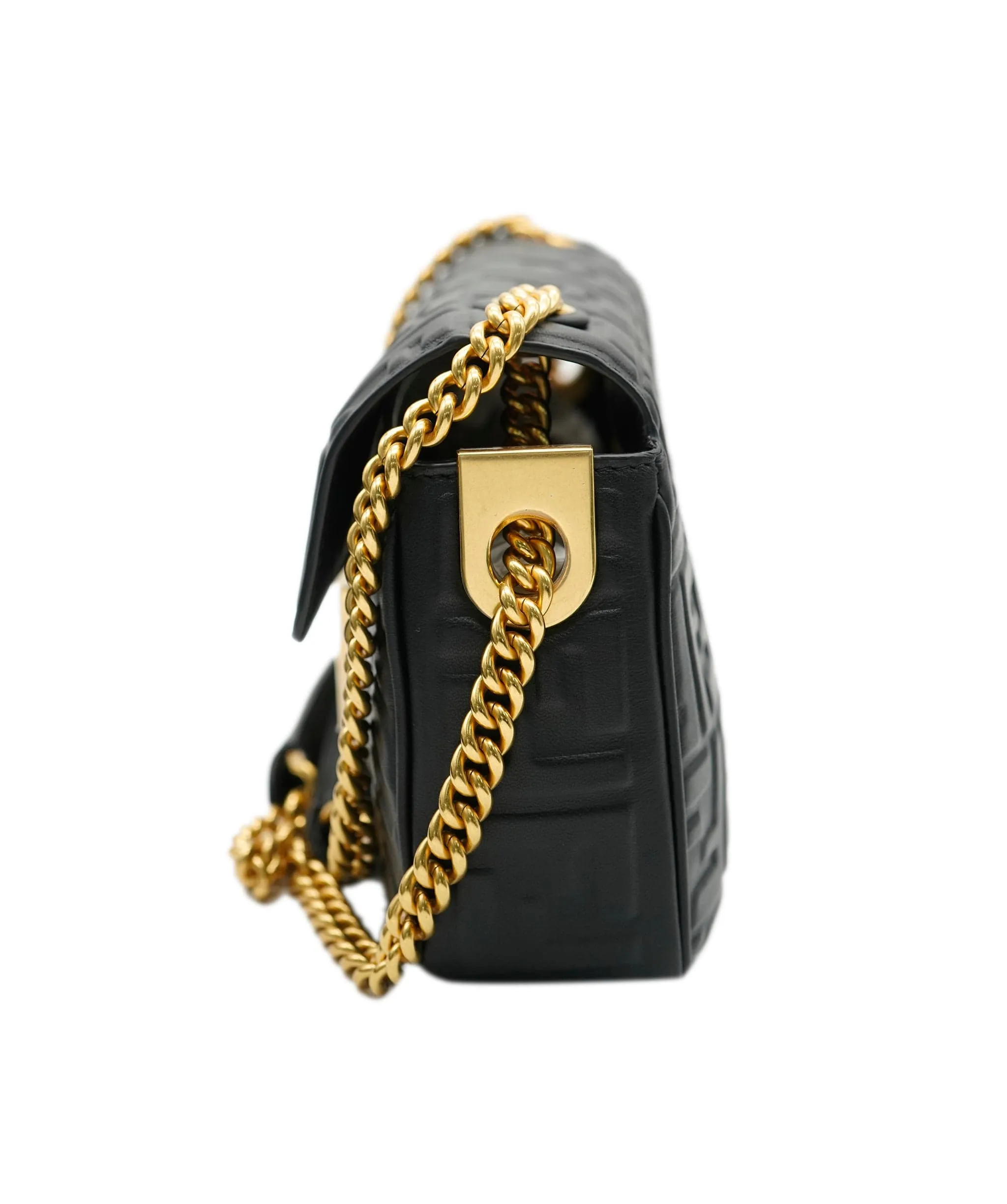 Fendi Black Nappa Embosed FF Embossed Leather Midi Baguette Chain Crossbody ABC0465