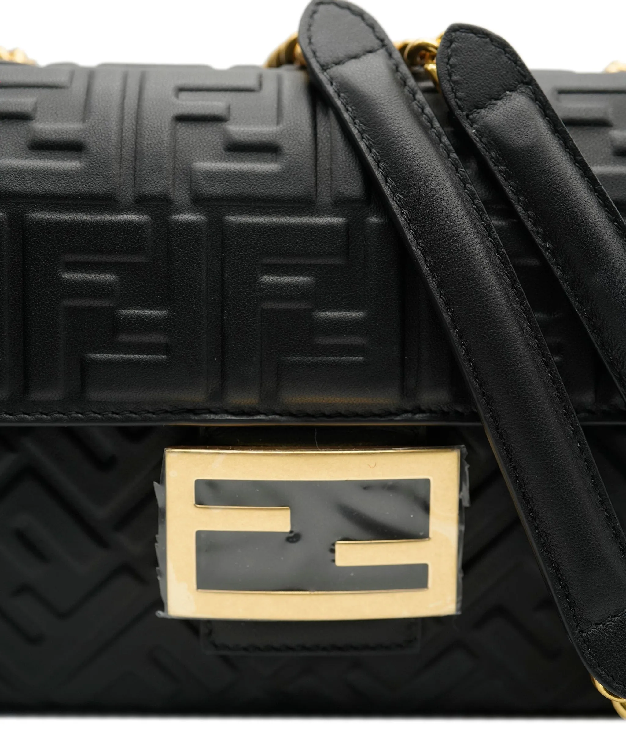 Fendi Black Nappa Embosed FF Embossed Leather Midi Baguette Chain Crossbody ABC0465