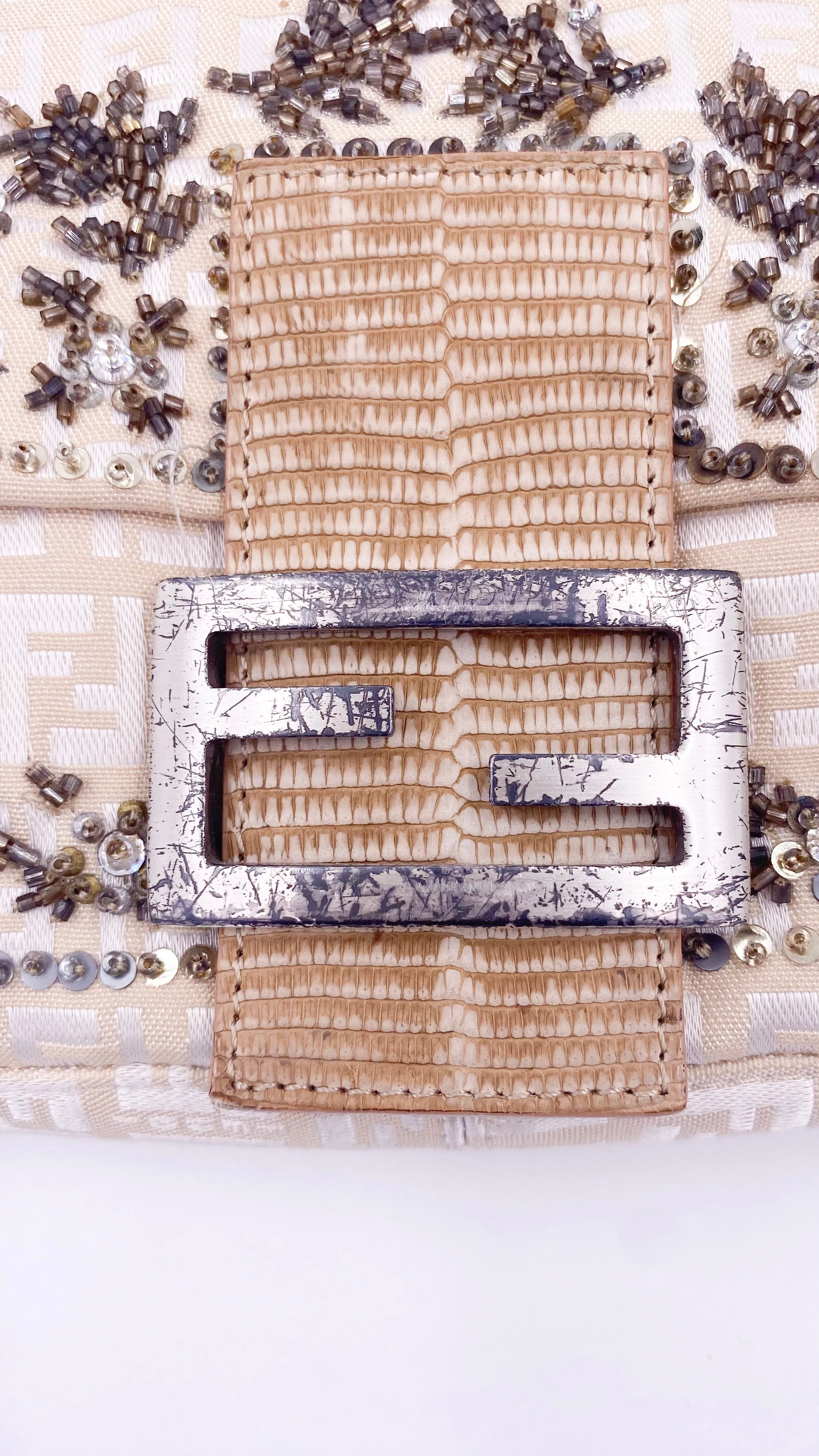 Fendi Cream Embroidered Canvas & Snakeskin 'FF' Logo Beaded Baguette Bag
