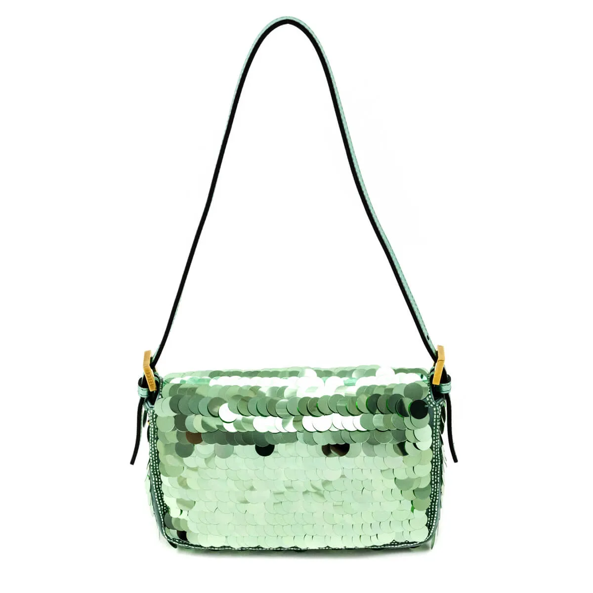 Fendi Light Green Satin Sequin Paillettes Shiny Nappa Mini Baguette 1997