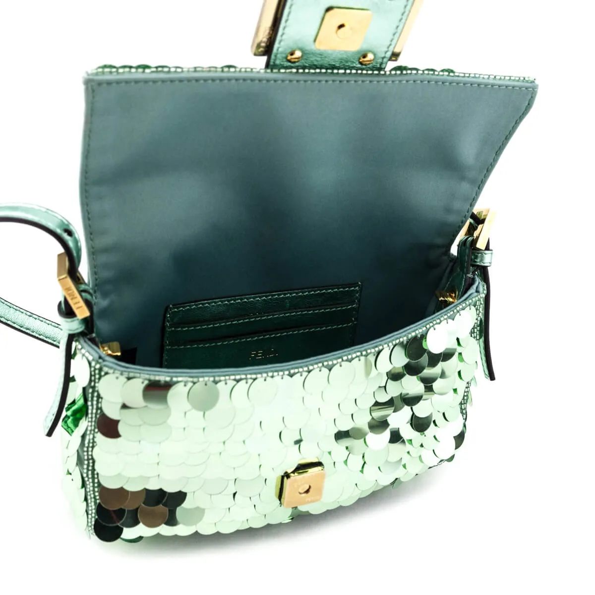 Fendi Light Green Satin Sequin Paillettes Shiny Nappa Mini Baguette 1997