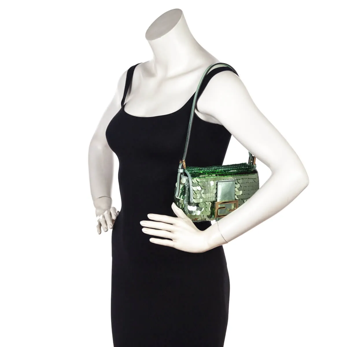 Fendi Light Green Satin Sequin Paillettes Shiny Nappa Mini Baguette 1997