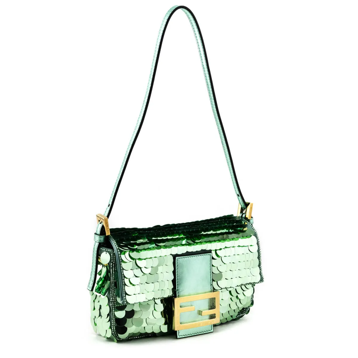 Fendi Light Green Satin Sequin Paillettes Shiny Nappa Mini Baguette 1997