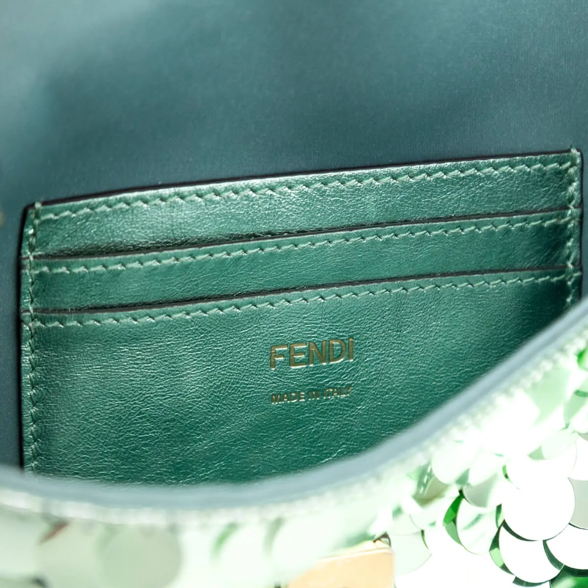 Fendi Light Green Satin Sequin Paillettes Shiny Nappa Mini Baguette 1997