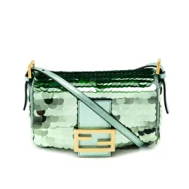 Fendi Light Green Satin Sequin Paillettes Shiny Nappa Mini Baguette 1997