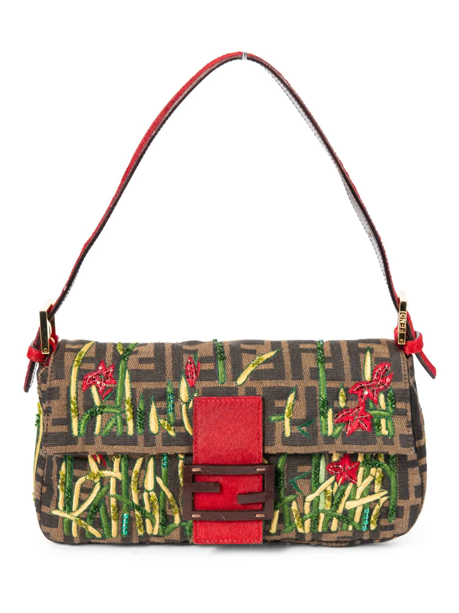 Fendi Zucca Pony Floral Beaded Baguette Bag Brown