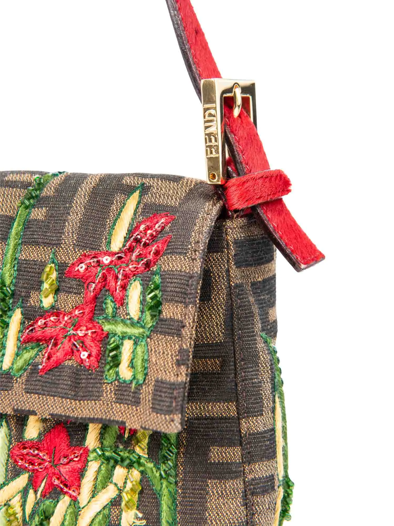 Fendi Zucca Pony Floral Beaded Baguette Bag Brown