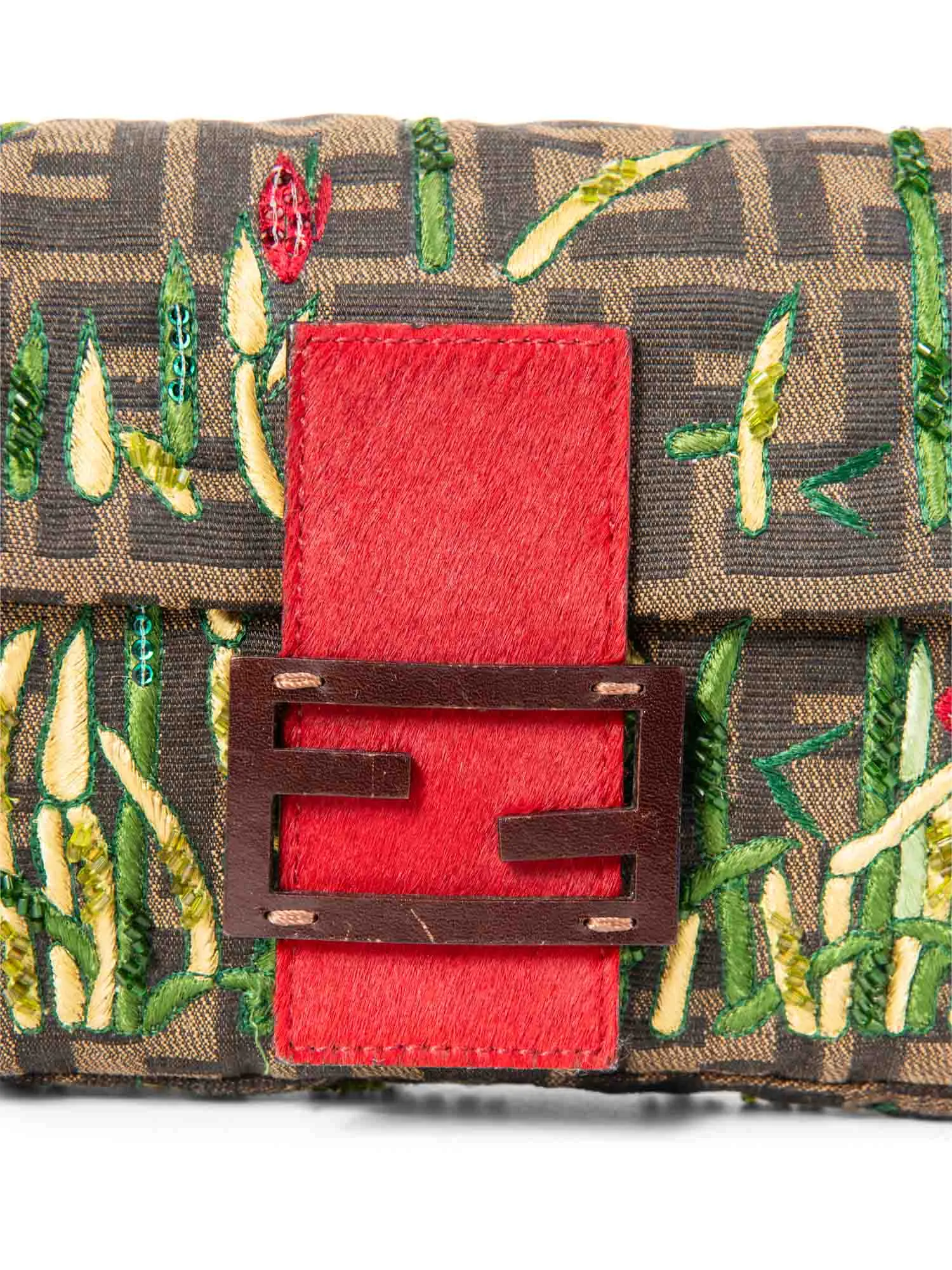 Fendi Zucca Pony Floral Beaded Baguette Bag Brown