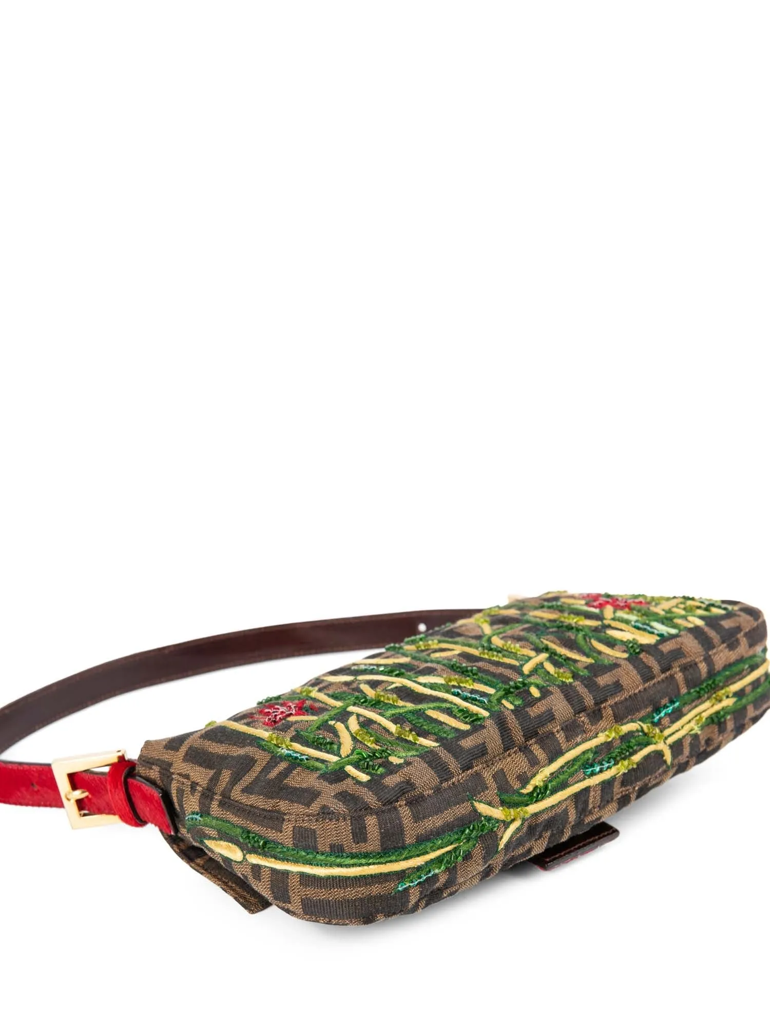 Fendi Zucca Pony Floral Beaded Baguette Bag Brown