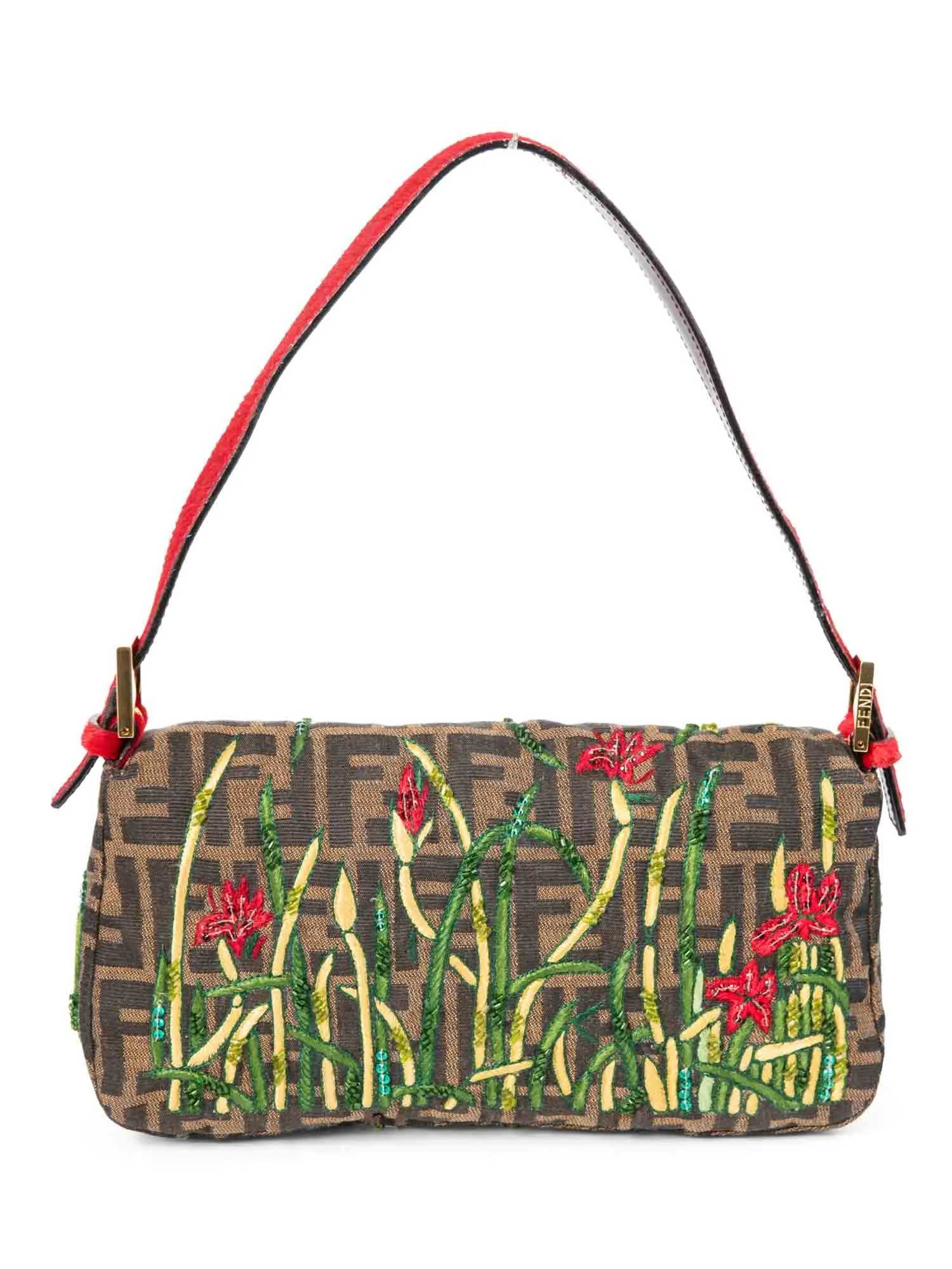 Fendi Zucca Pony Floral Beaded Baguette Bag Brown