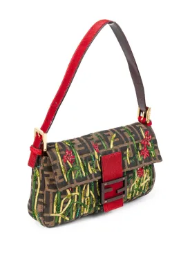 Fendi Zucca Pony Floral Beaded Baguette Bag Brown