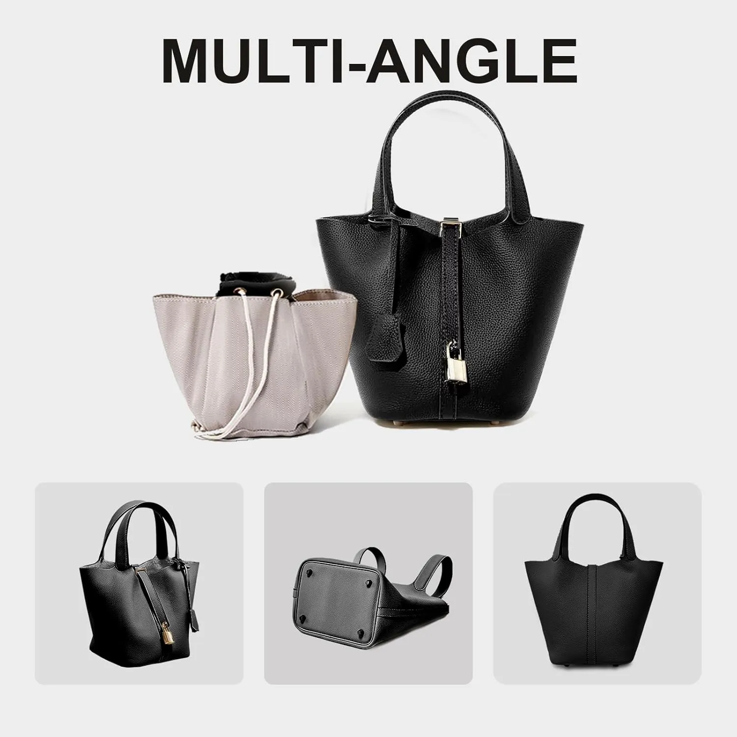 Genuine Leather Lock Design Bucket Bag Vegetable Basket, Versatile Shoulder Handbag Satchel Purses