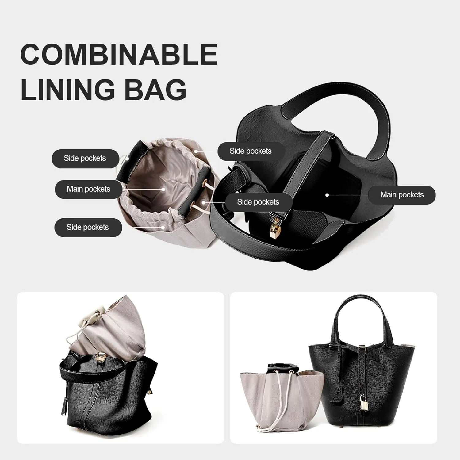 Genuine Leather Lock Design Bucket Bag Vegetable Basket, Versatile Shoulder Handbag Satchel Purses