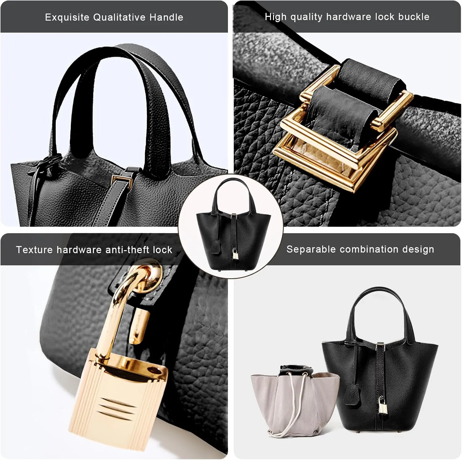 Genuine Leather Lock Design Bucket Bag Vegetable Basket, Versatile Shoulder Handbag Satchel Purses