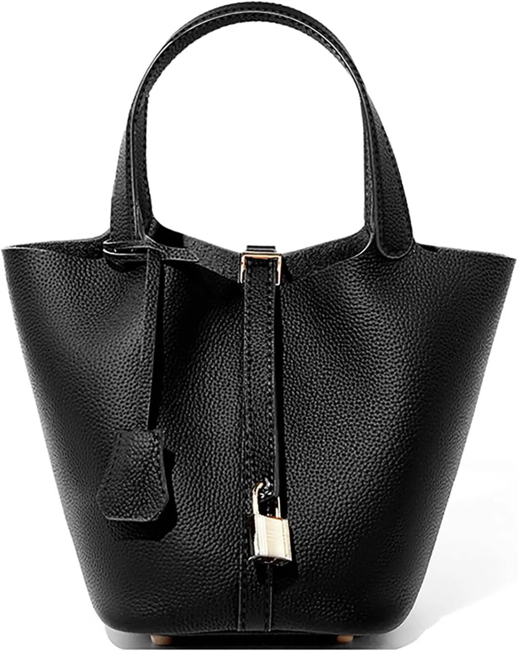 Genuine Leather Lock Design Bucket Bag Vegetable Basket, Versatile Shoulder Handbag Satchel Purses