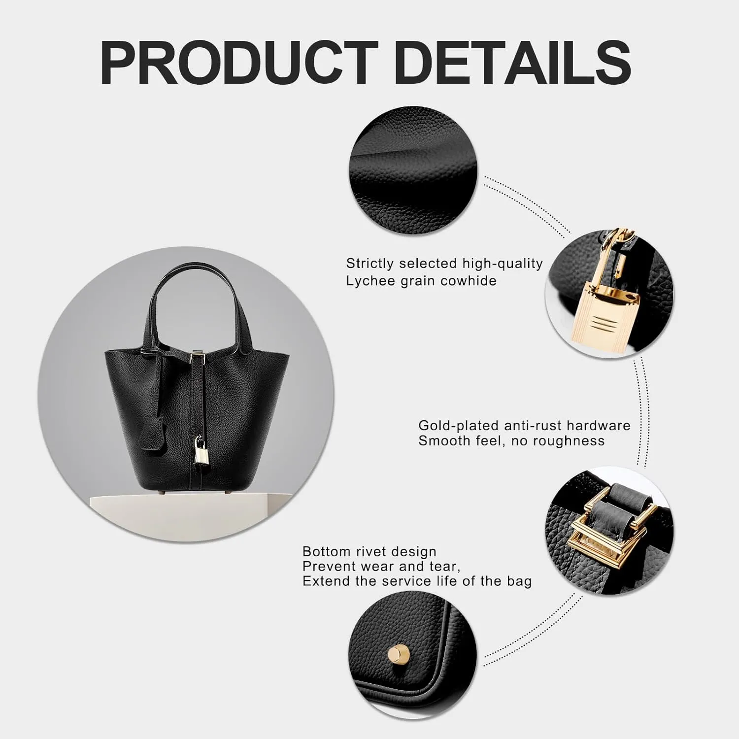 Genuine Leather Lock Design Bucket Bag Vegetable Basket, Versatile Shoulder Handbag Satchel Purses