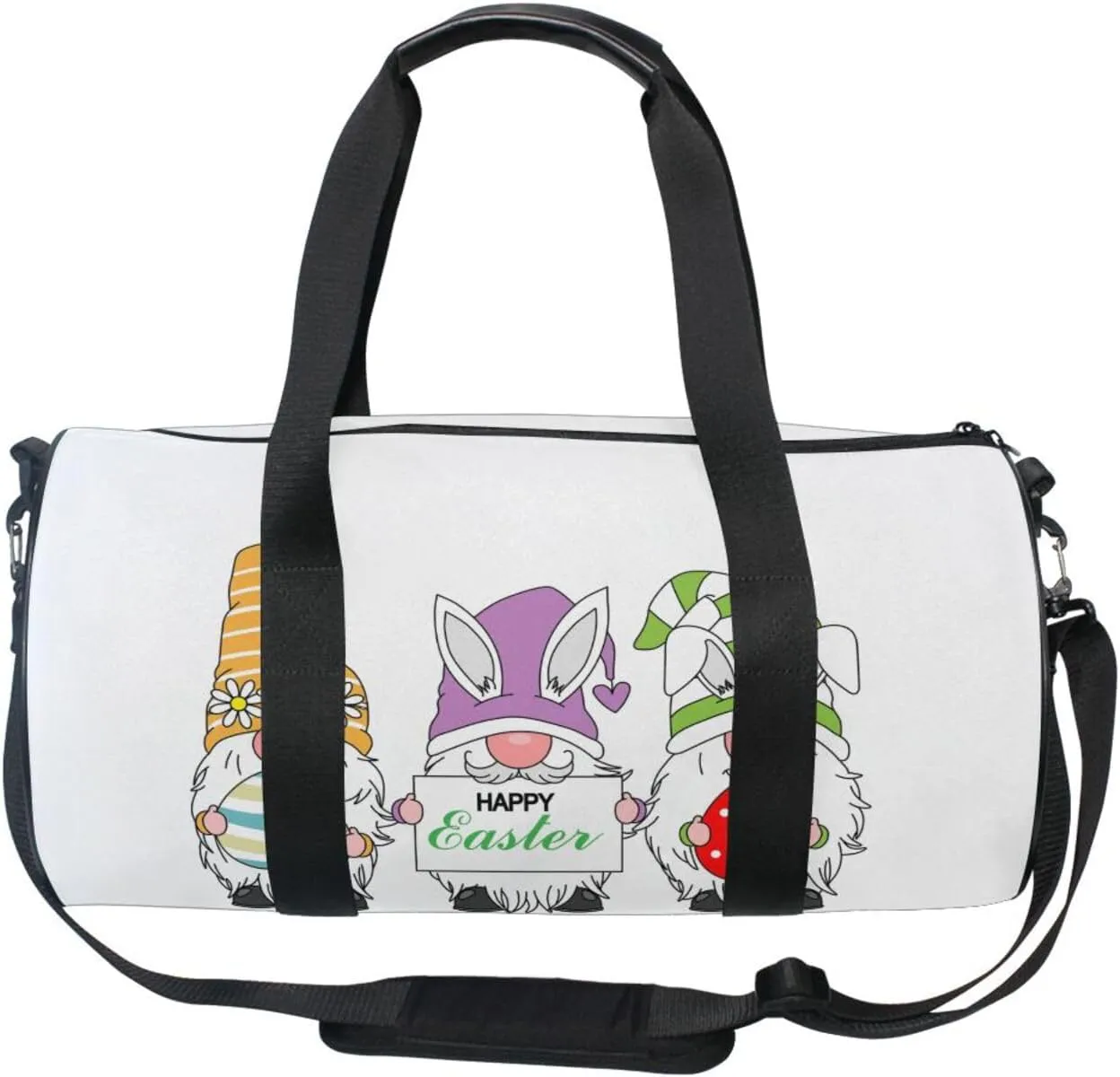 Happy Easter Gnomes with Easter Eggs Light Colors on White Portable Gym Bag, Travel Bag, Luggage bag, Sports Bag, Toiletry Bag with Handles, Detachable Shoulder Strap 17.6 x 9 x 9 inch