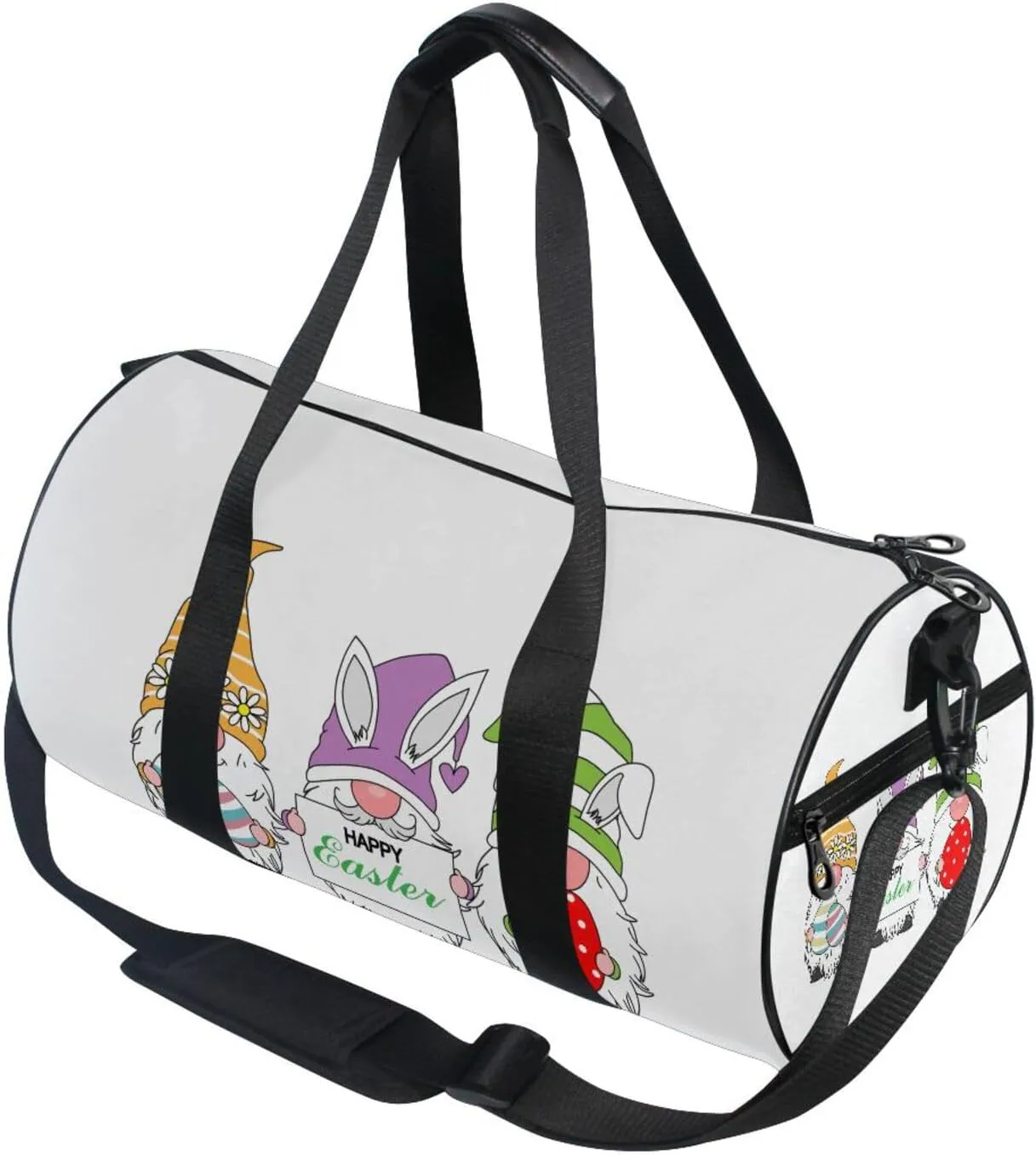 Happy Easter Gnomes with Easter Eggs Light Colors on White Portable Gym Bag, Travel Bag, Luggage bag, Sports Bag, Toiletry Bag with Handles, Detachable Shoulder Strap 17.6 x 9 x 9 inch