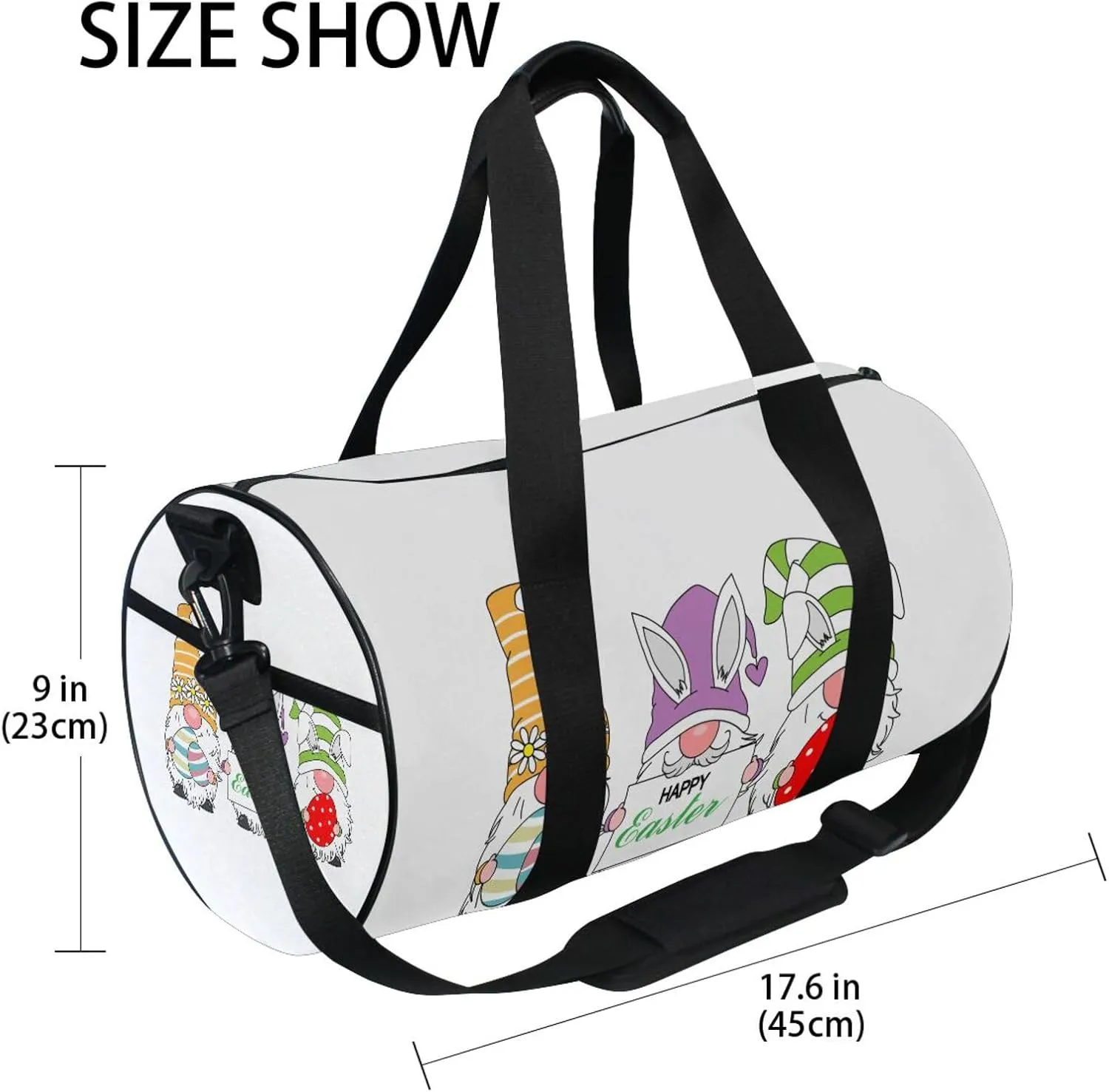 Happy Easter Gnomes with Easter Eggs Light Colors on White Portable Gym Bag, Travel Bag, Luggage bag, Sports Bag, Toiletry Bag with Handles, Detachable Shoulder Strap 17.6 x 9 x 9 inch