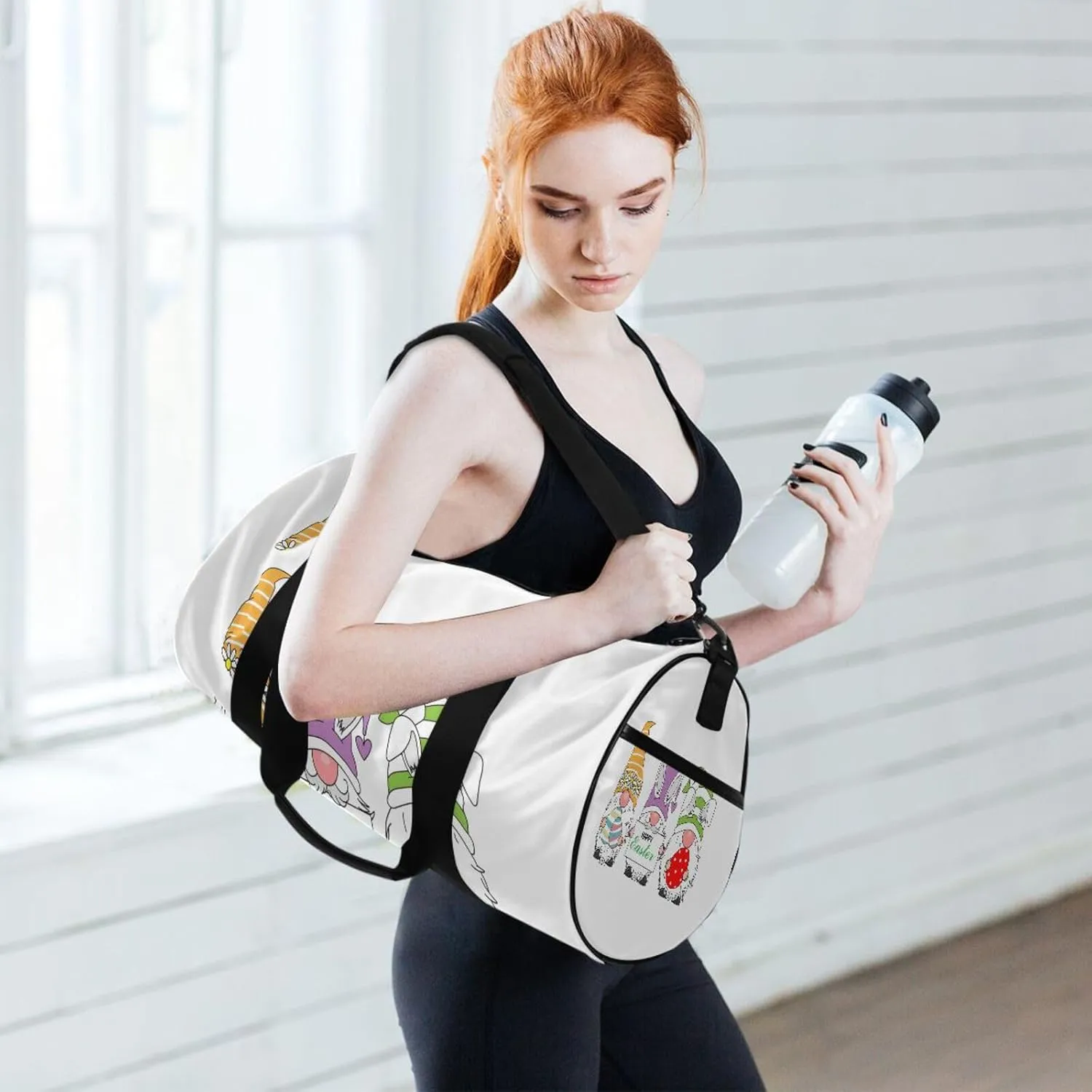 Happy Easter Gnomes with Easter Eggs Light Colors on White Portable Gym Bag, Travel Bag, Luggage bag, Sports Bag, Toiletry Bag with Handles, Detachable Shoulder Strap 17.6 x 9 x 9 inch