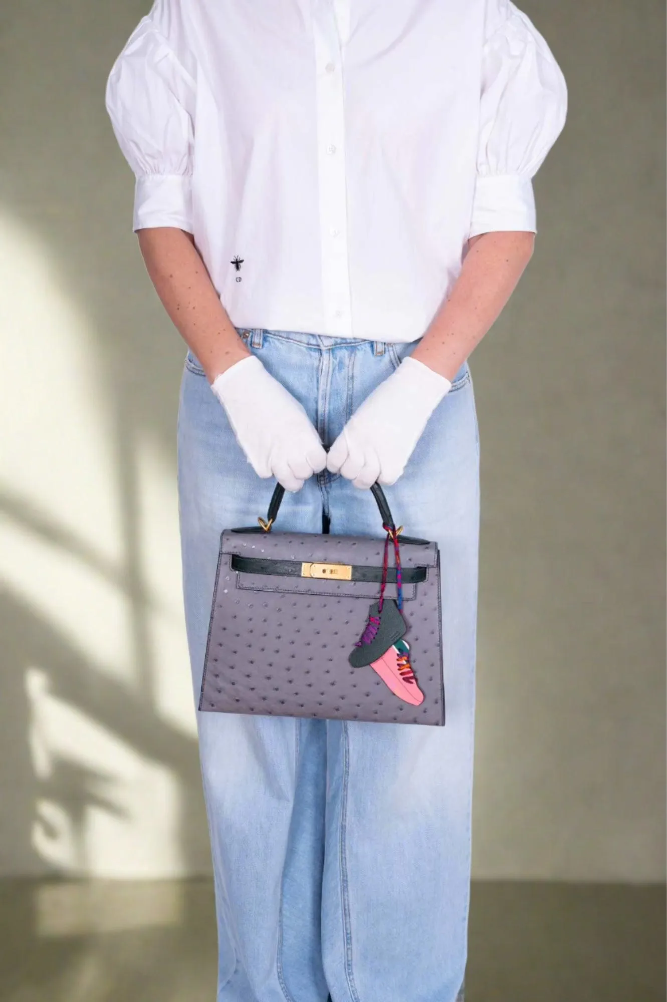 Hermès Kelly 28 HSS Sellier Gris Agate and Vert Titien Ostrich Brushed Gold Hardware