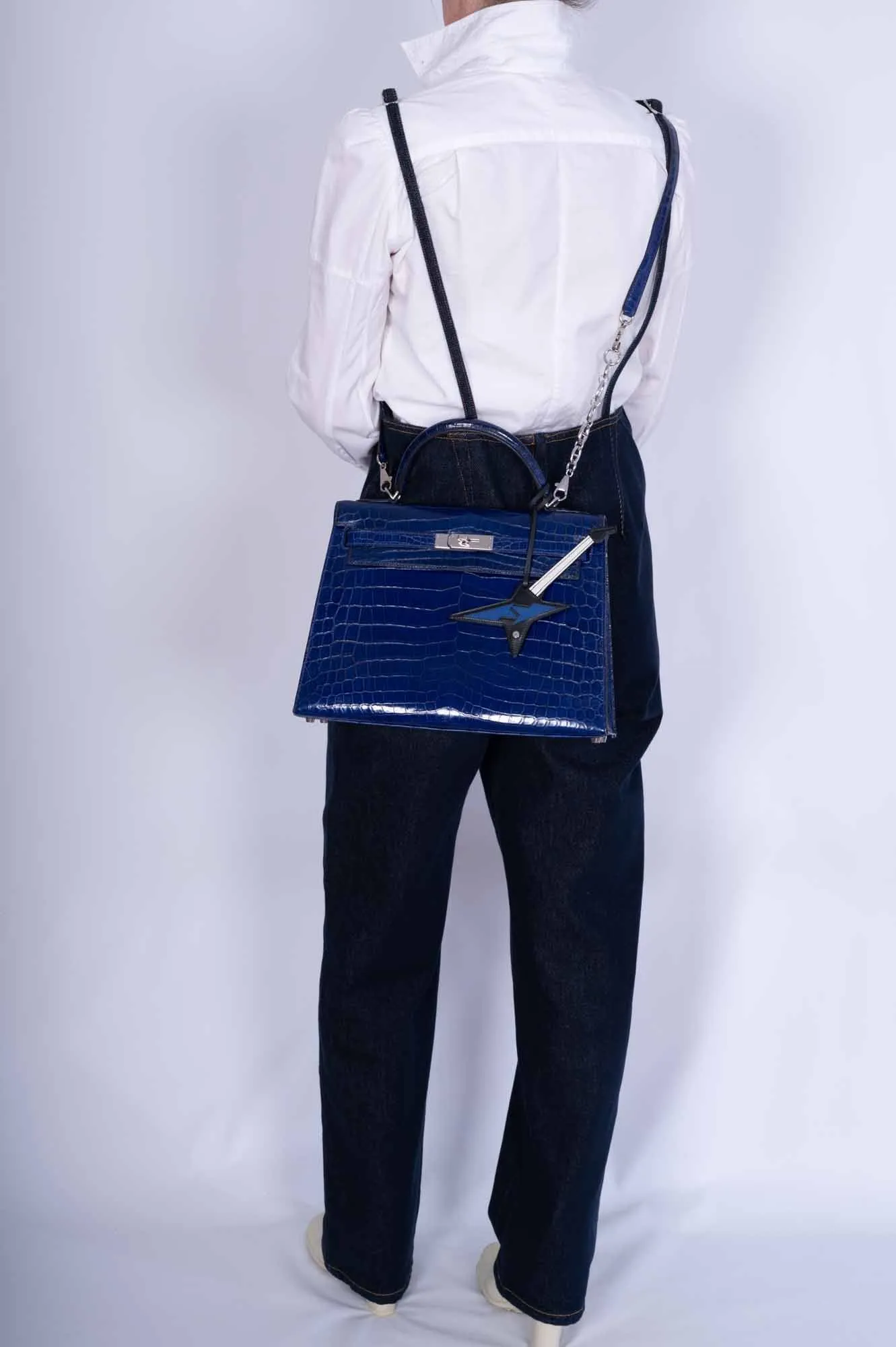 Hermès Kelly 32 Sellier Blue Electric Shiny Porosus Crocodile Palladium Hardware