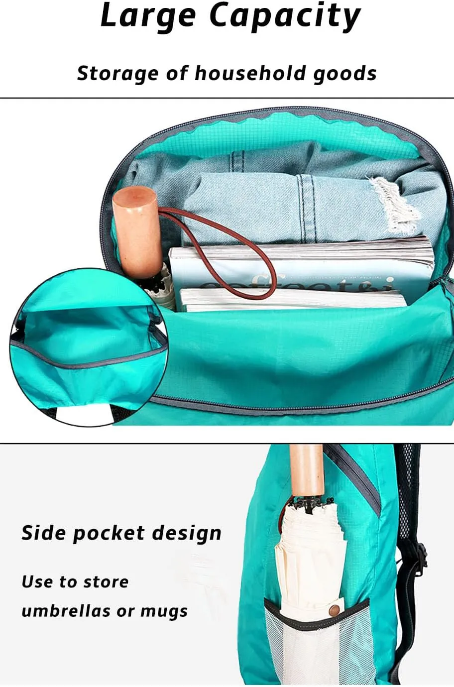 Lightweight Foldable Waterproof Backpack For Men Women Outdoor Sports Travel Leisure Bag Hiking Small Daypack 20L (Black-Blue)